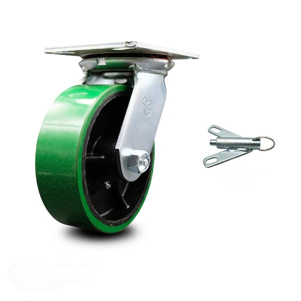 6 Inch Green Poly on Cast Iron Caster with Ball Bearing and Swivel Lock SCC